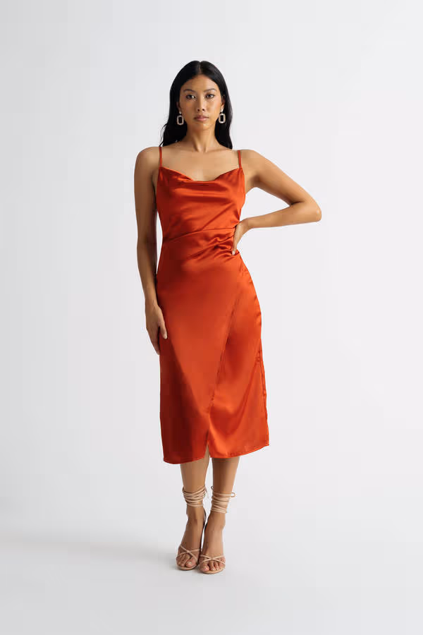 Emma Satin Cowl Neck Midi Dress - Purple