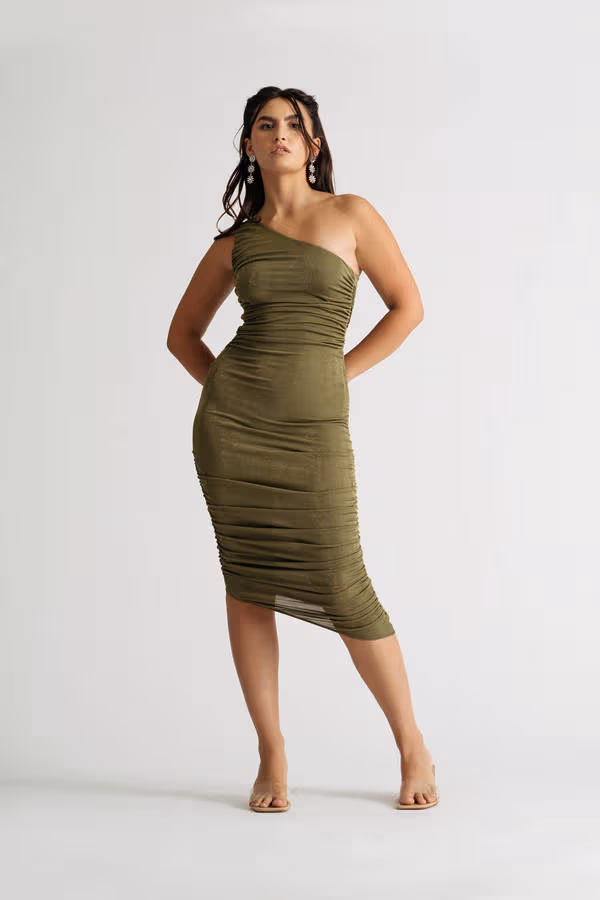 Breanna One Shoulder Bodycon Midi Dress - Olive
