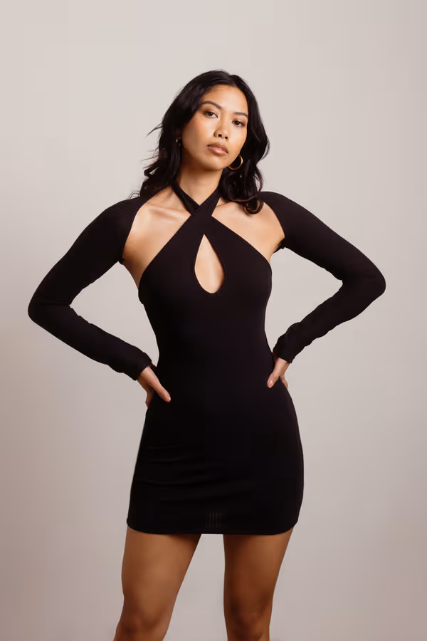 Old Hollywood Black Halter Bodycon Dress with Shrug