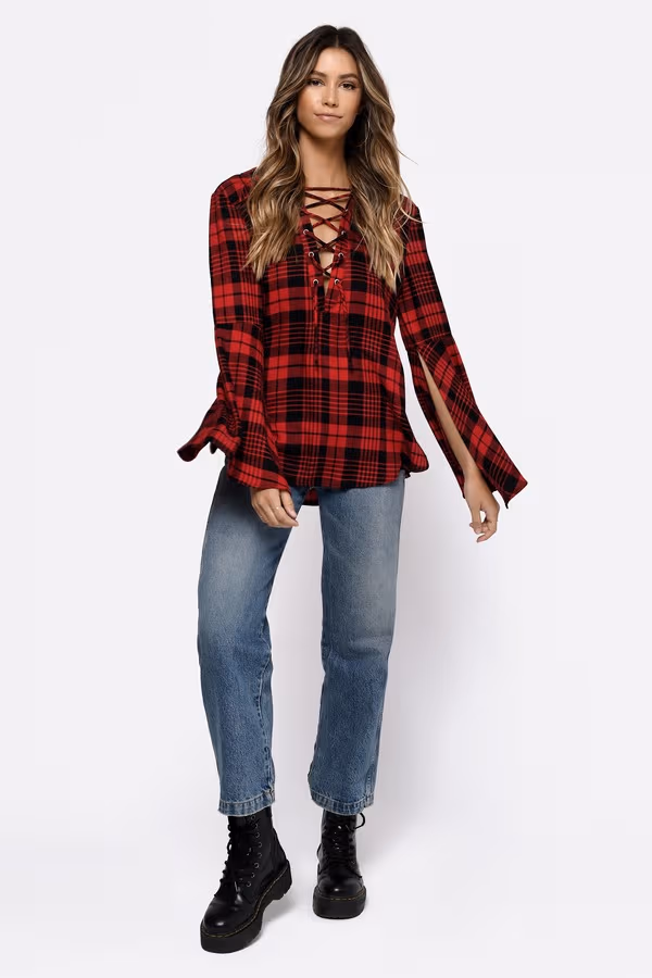 Chleo Lace Up Blouse - Red and Black