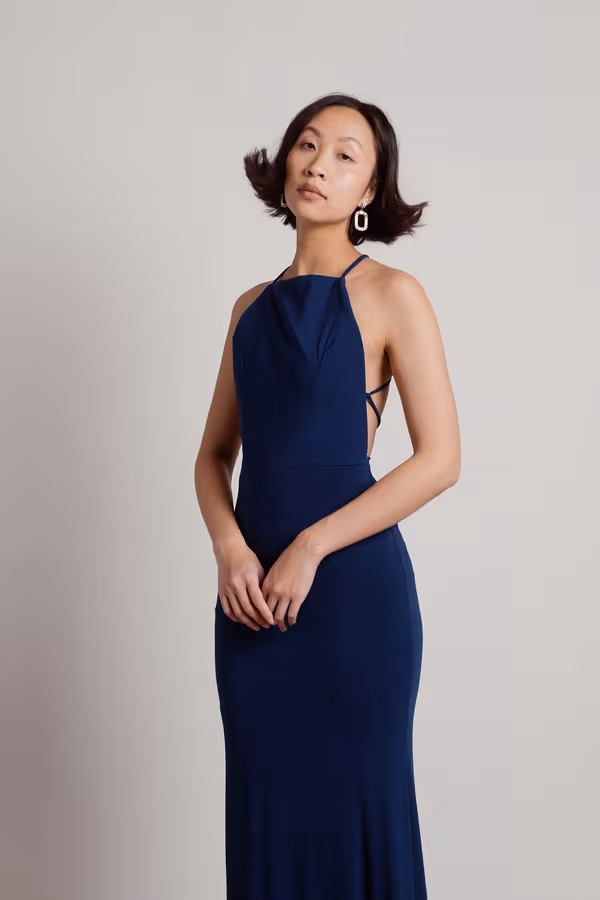 Another Night Out Halter Cross Back Maxi Dress - Navy