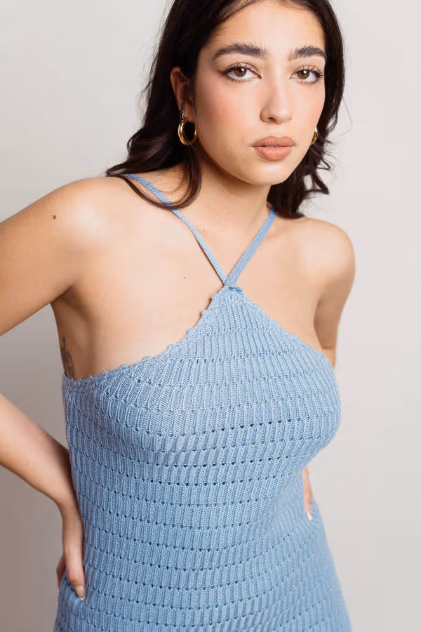 Raegan Crochet Halter Mini Dress - Light Blue