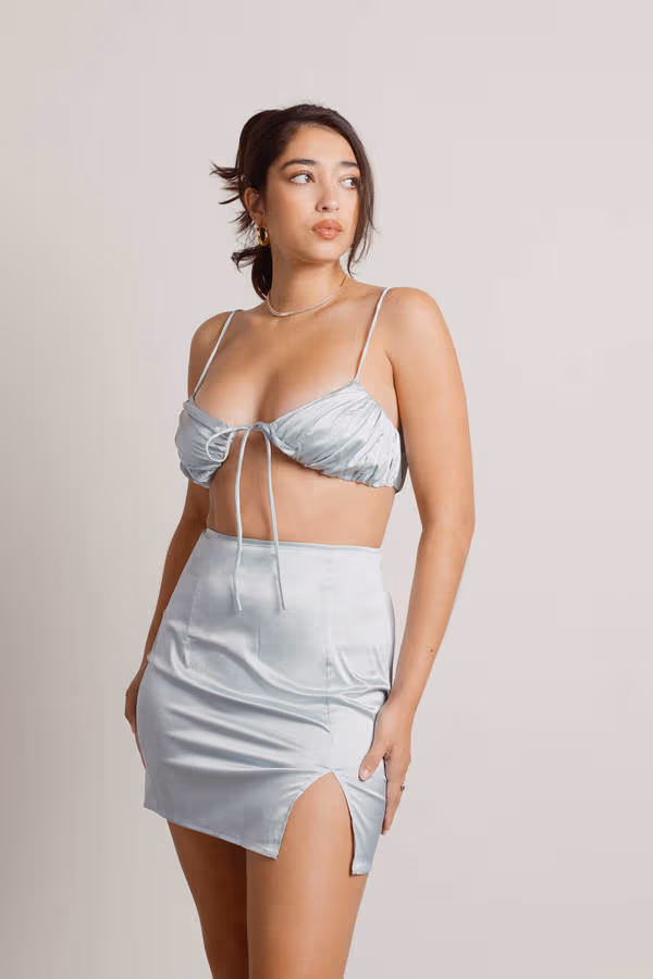 Destined To Love Satin Crop Top and Mini Skirt Set - Mint