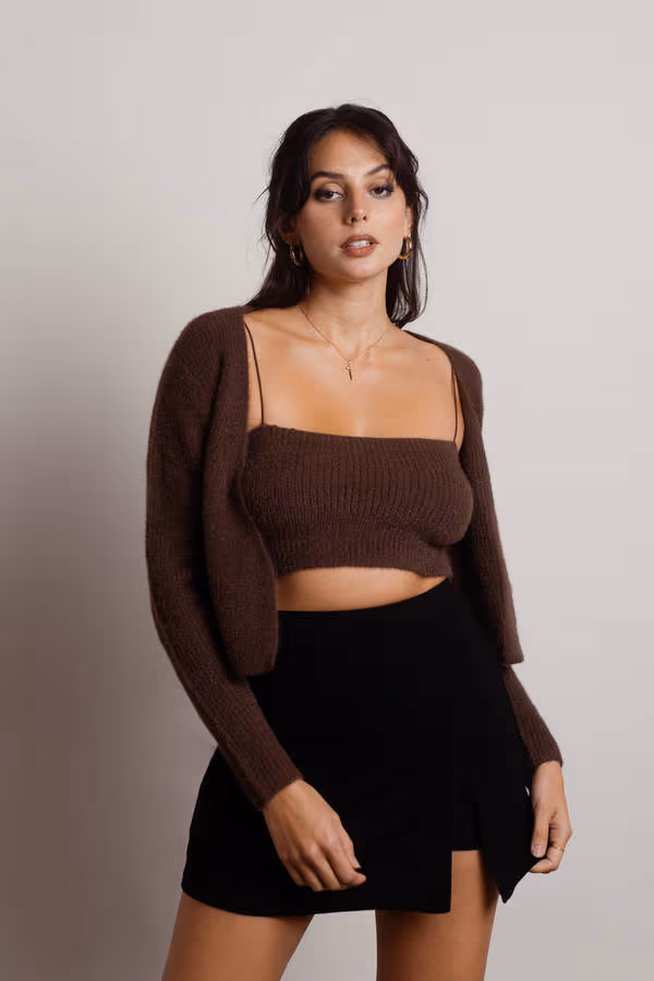 Beatrice Fuzzy Crop Top and Cardigan Set - Brown