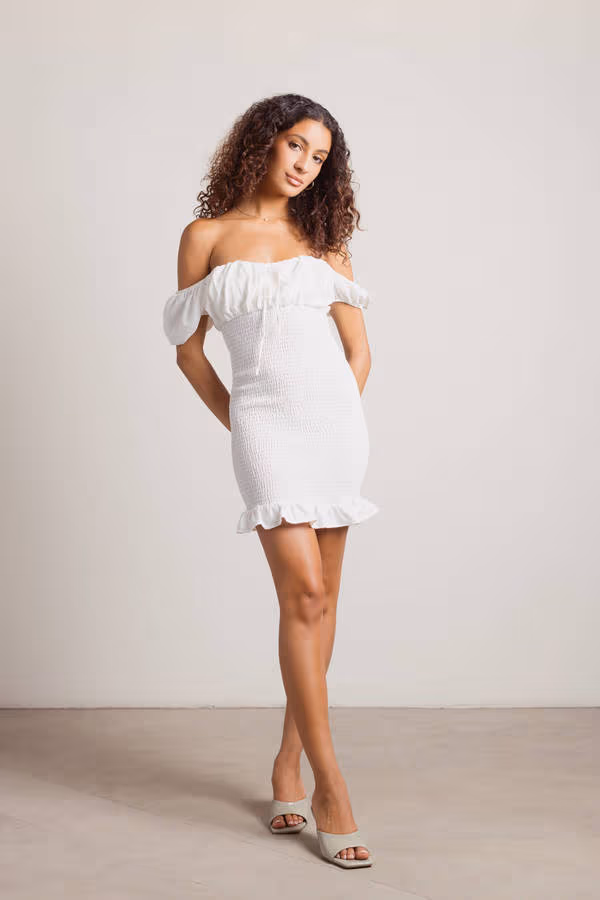 Here We Are Off The Shoulder Smocked Mini Dress - White