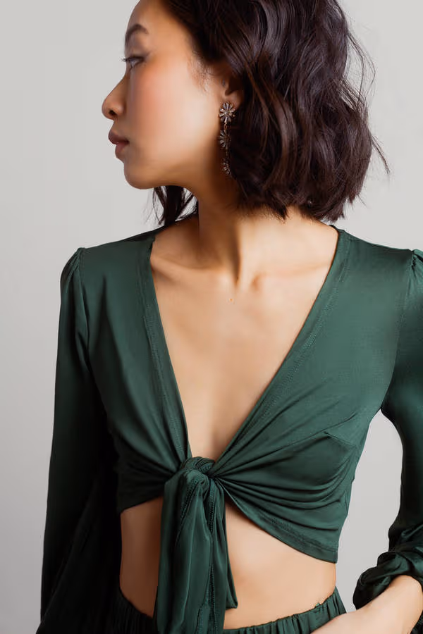 Fall Back Front Tie Top and Pants Set - Hunter Green