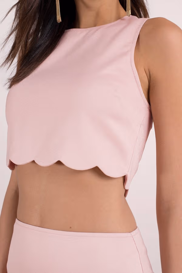 Getting Wavy Scalloped Hem Crop Top and Mini Skirt Set - White