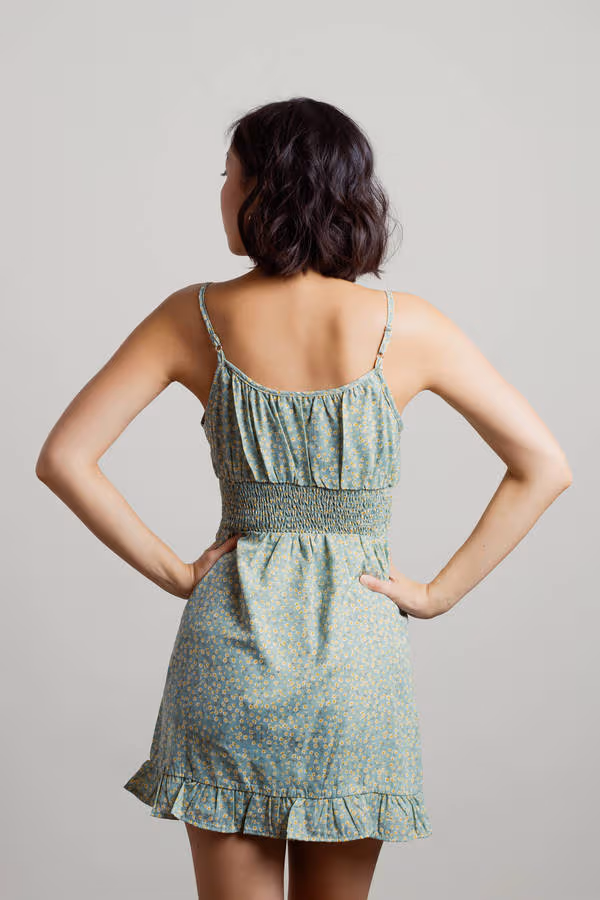 Waiting Around Floral Smocked Mini Dress - Green