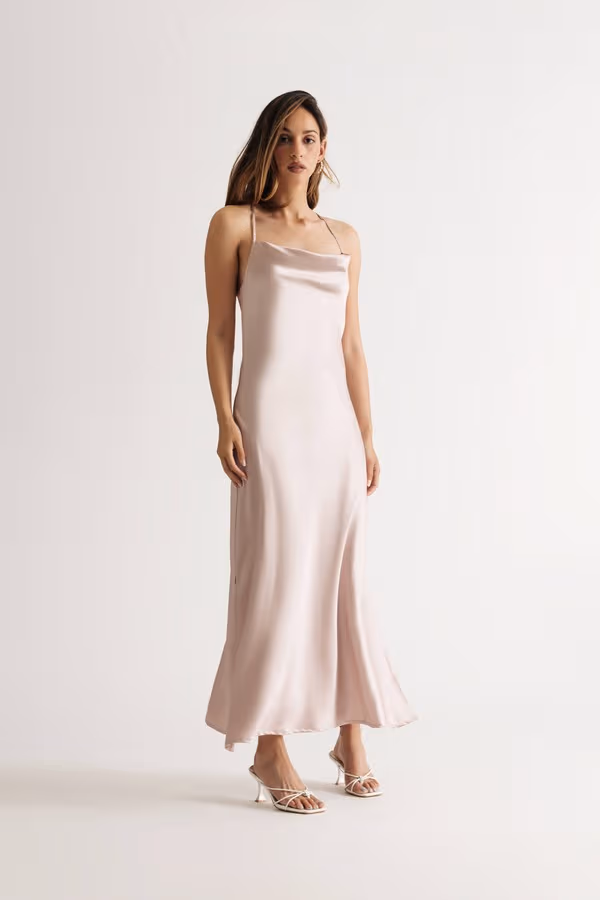 Theodora Satin Cowl Neck Midi Dress - Rose