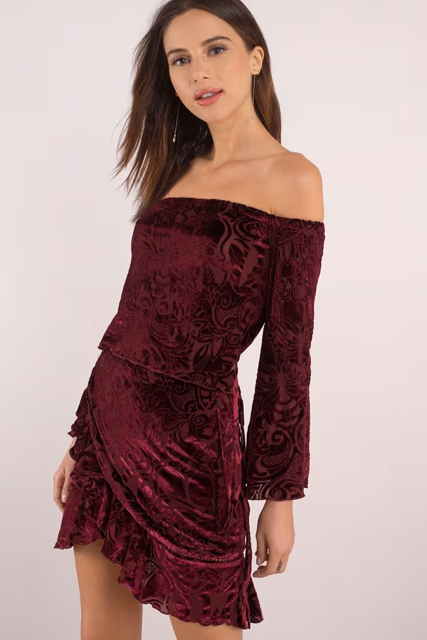 Winona Sangria Velvet Off The Shoulder Mini Dress - Wine