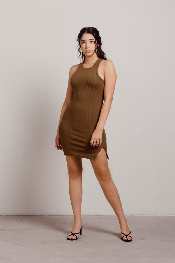 Keep It Basic Ribbed Knit Bodycon Mini Dress - Beige