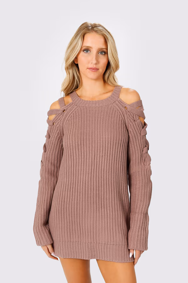 Miracle Lace Up Sweater Mini Dress - Mauve