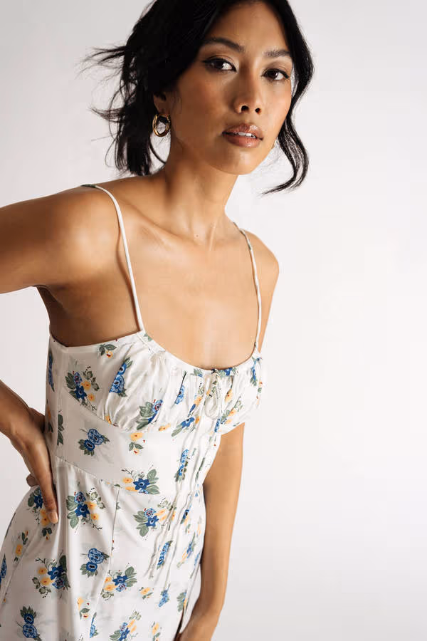 Azalia Floral Slit Midi Dress - White Multi