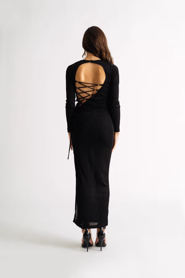 Stay The Night Lace Up Bodycon Maxi Dress - Black