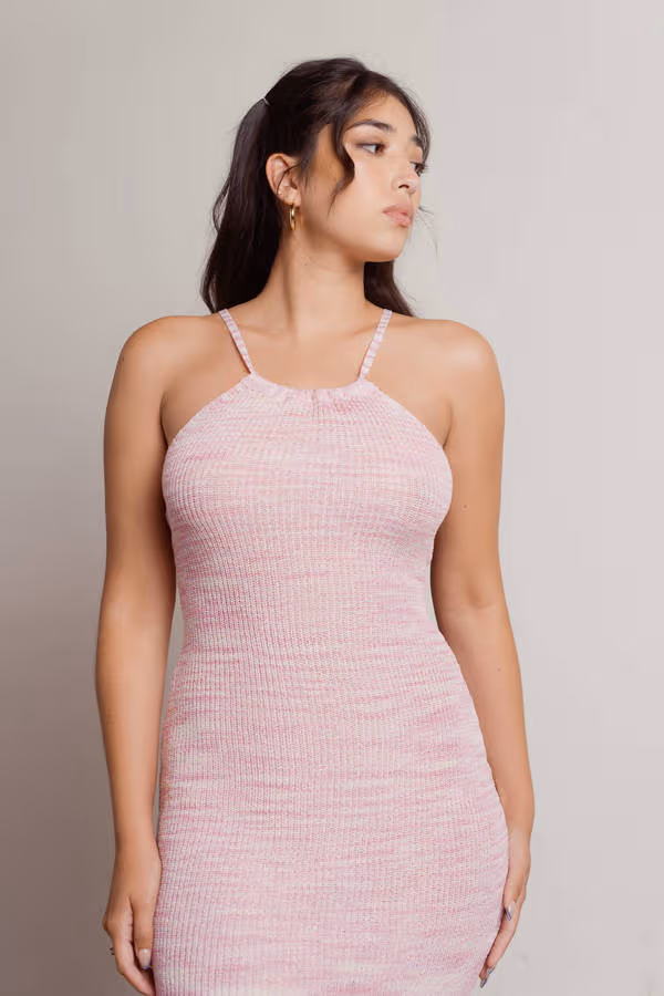 Bubble Gum Ribbed Knit Halter Mini Dress - Pink