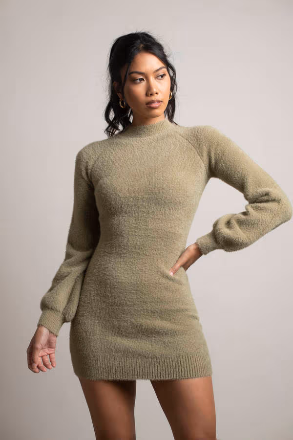 Kamila Fuzzy Sweater Mini Dress - Olive