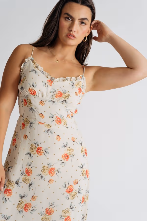 In Bloom Floral Ruffle Midi Dress - Ivory Multi