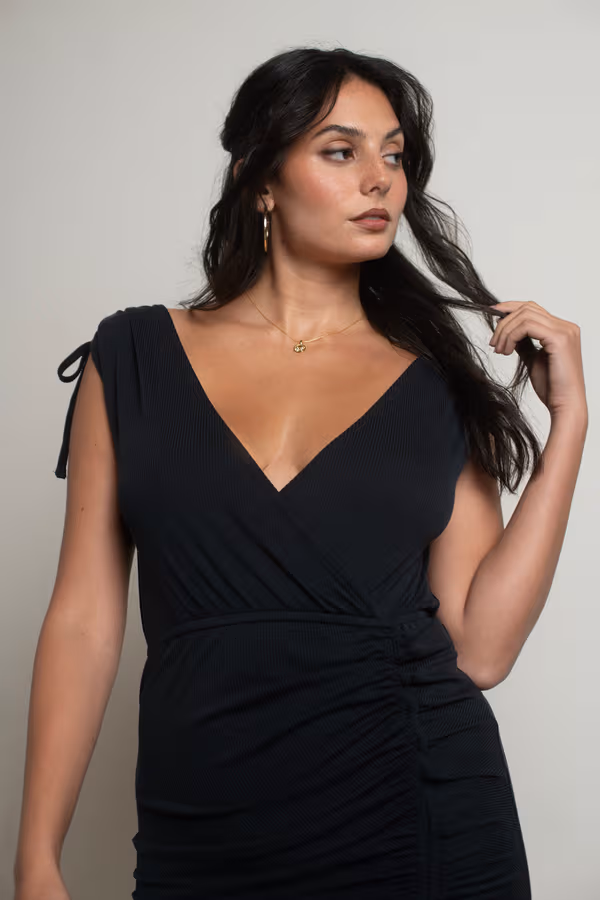 Savannah Ruched Surplice Mini Dress - Black