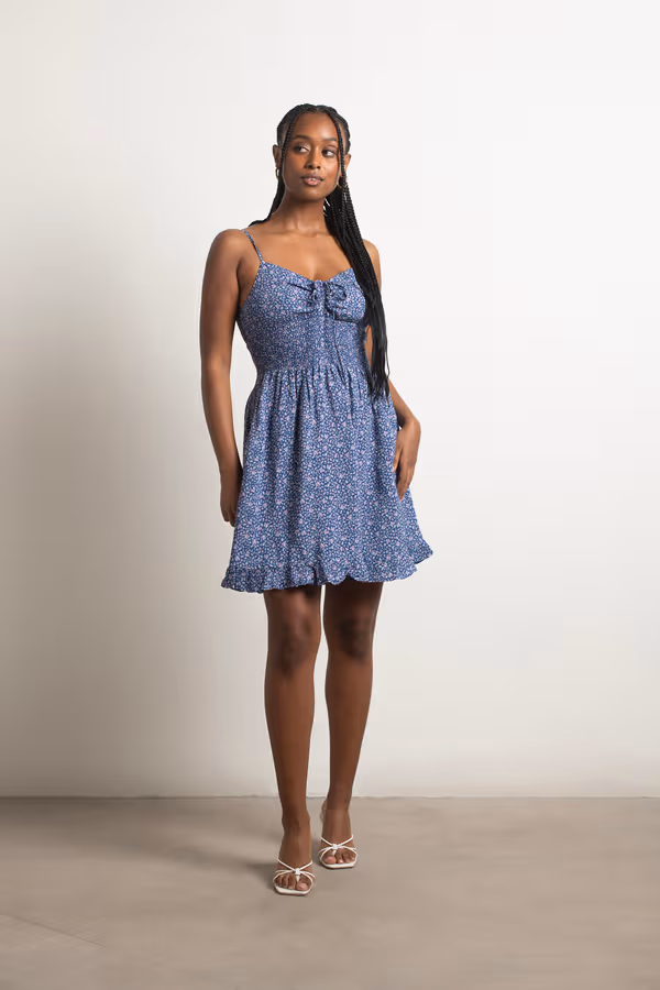 Cool And Calm Floral Skater Mini Dress - Navy