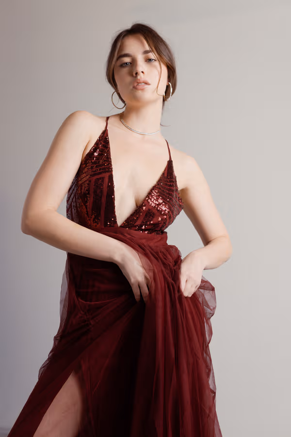 Kristina Plunging Tulle Maxi Dress - Wine