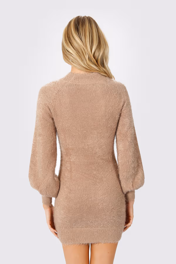 All The Hugs Fuzzy Sweater Mini Dress - Tan