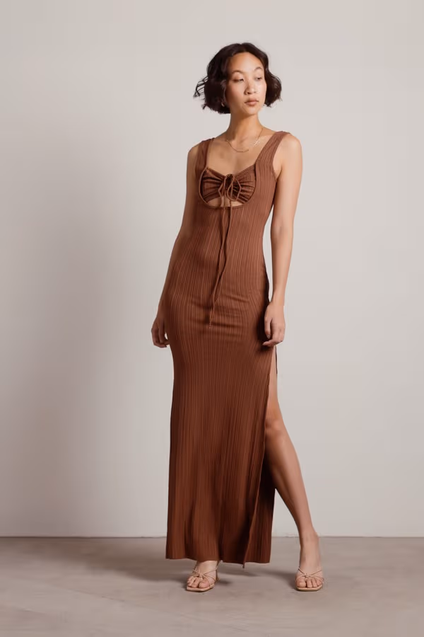 No Problem Ribbed Cutout Maxi Dress - Brown