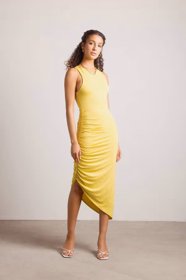 Nonsense Ruched Asymmetrical Midi Dress - Yellow