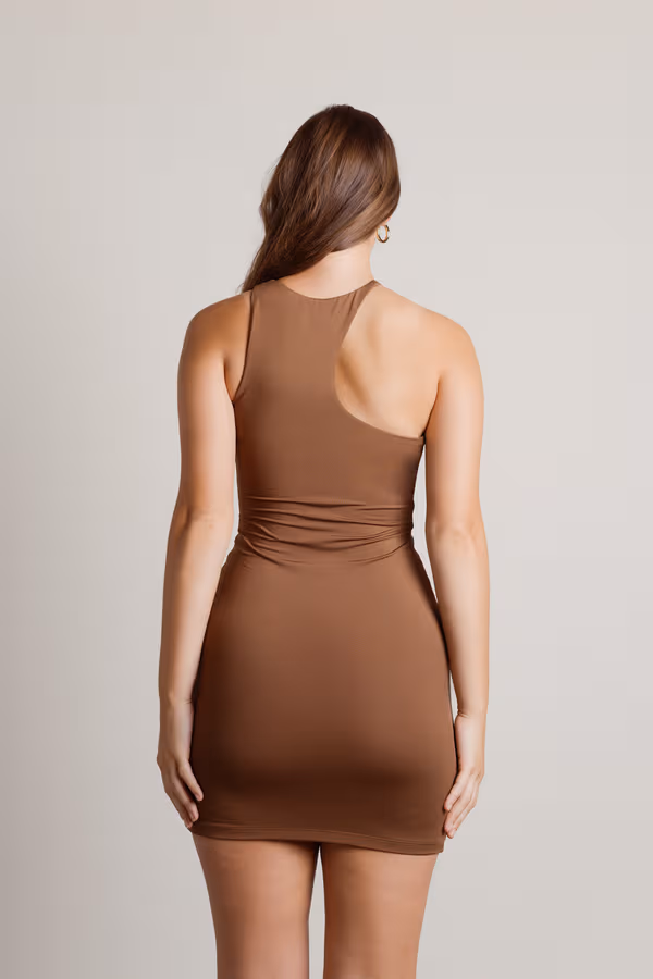 Pull It Off Asymmetrical Bodycon Mini Dress - Brown
