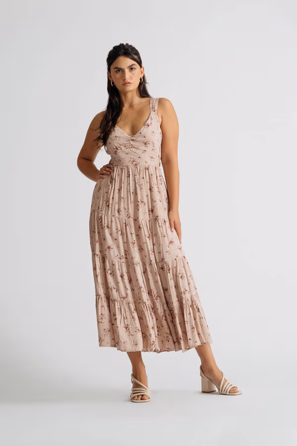 Hummingbird Pink Floral Tiered Tie-Back Midi Dress