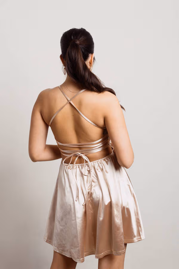 Your Fave Champagne Satin Lace Up Skater Mini Dress