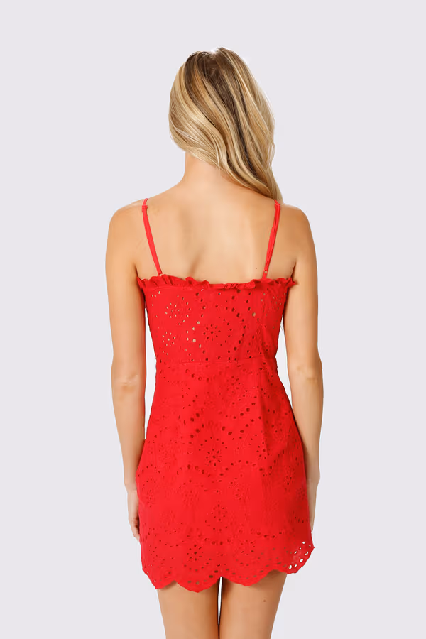 Elsa Lace Up Eyelet Mini Dress - Red