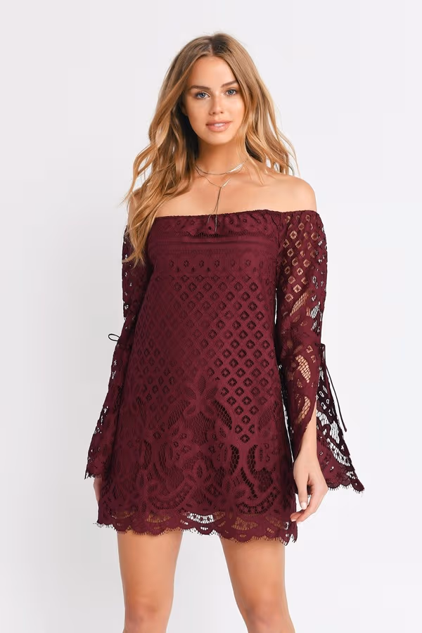 Take My Hand Off The Shoulder Lace Mini Dress - Wine