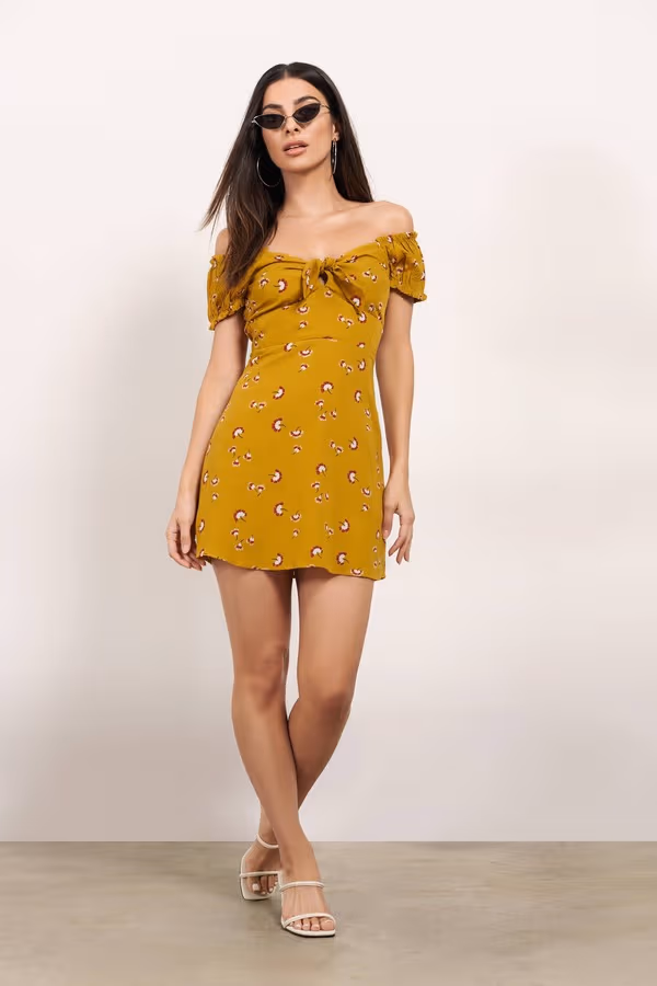 Wish Away Floral Skater Mini Dress - Mustard