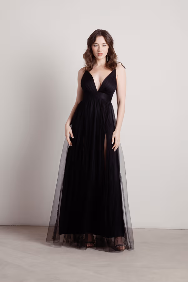 Slay The Night Deep V Double High Slit Maxi Dress - Black