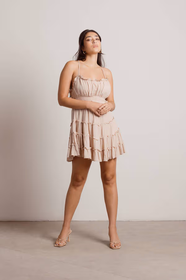 Stargazer Tiered Skater Mini Dress - Beige
