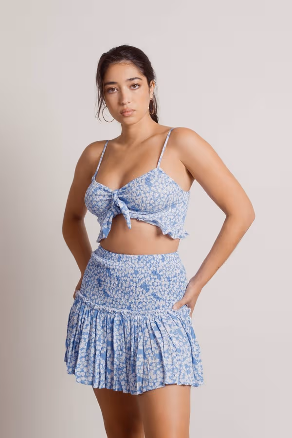 Come With Me Floral Crop Top and Mini Skirt Set - Blue