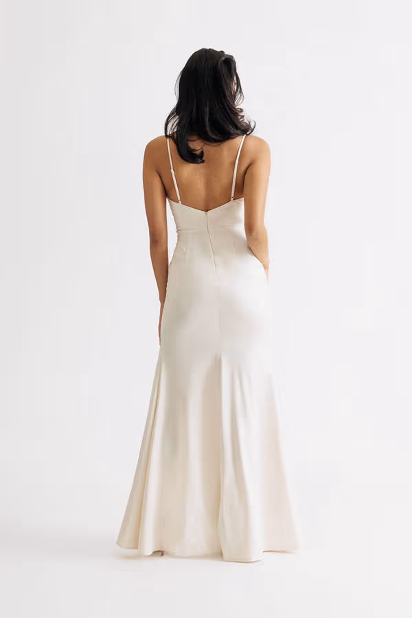 Nicola Green Satin Shirred Slit Maxi Dress