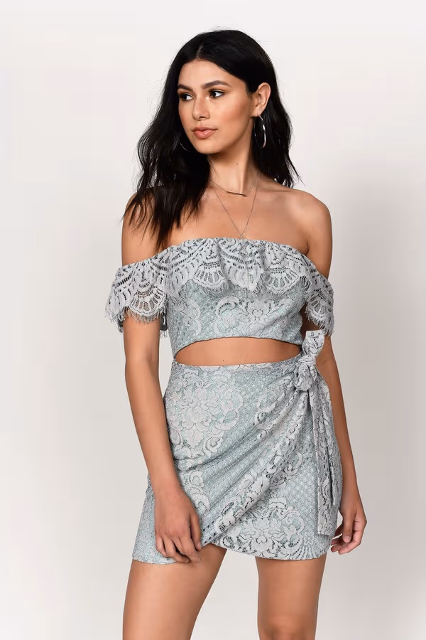Carly Lace Off The Shoulder Mini Dress - Dusty Mint