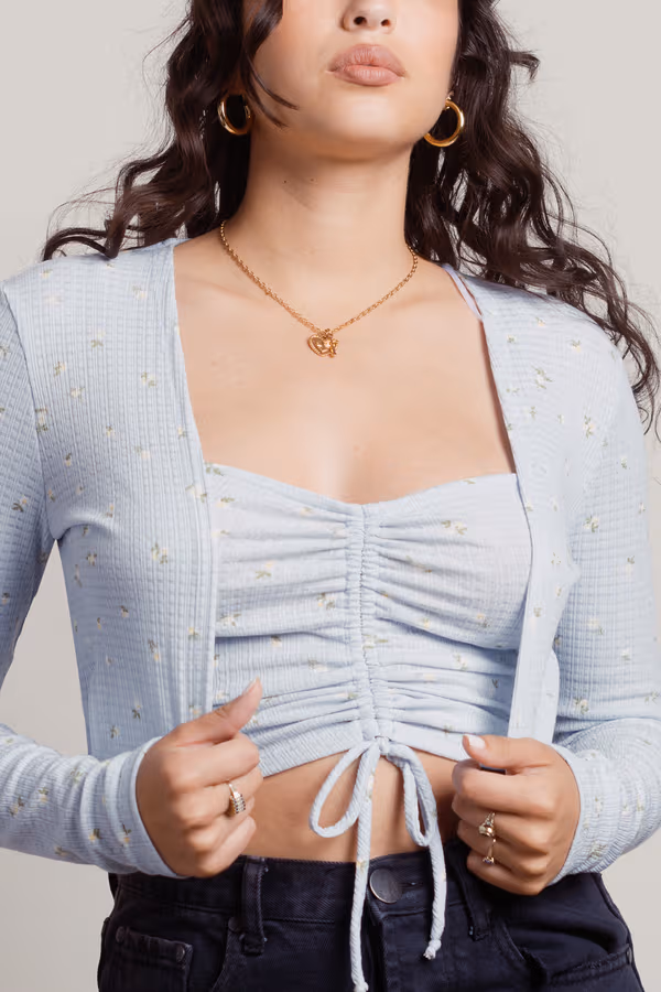 No Pics Please Floral Crop Top and Cardigan Set - Ivory