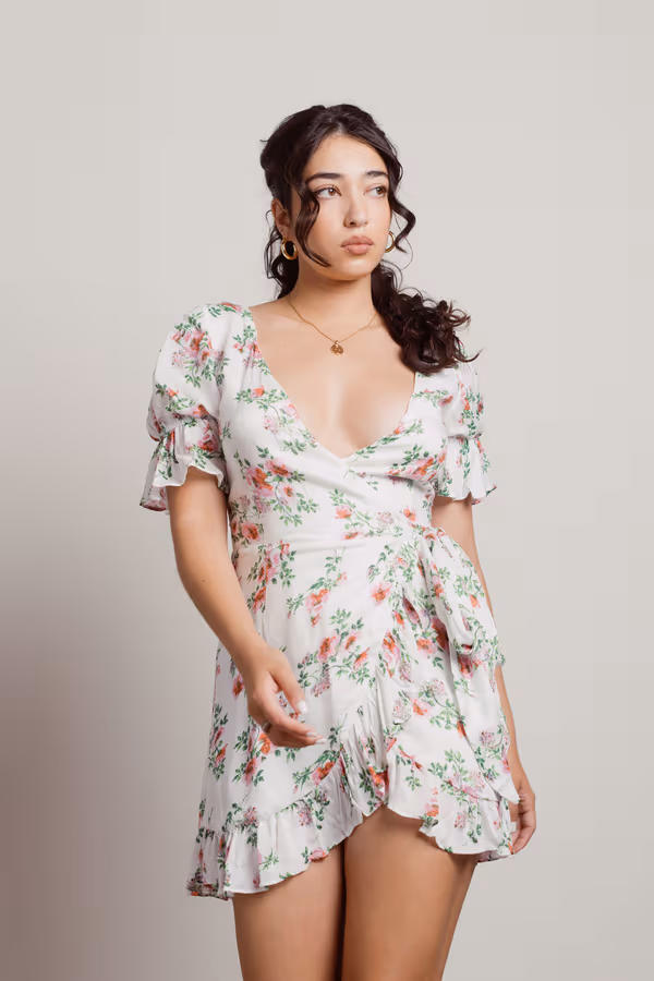 Some Perspective Floral Plunging Mini Dress - White Multi