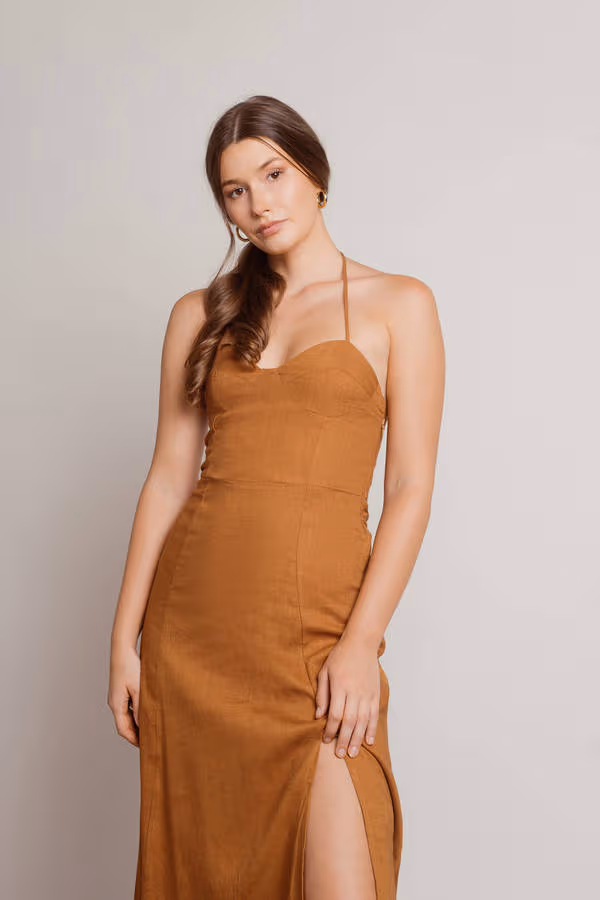 Maison Halter Slit Midi Dress - Oatmeal