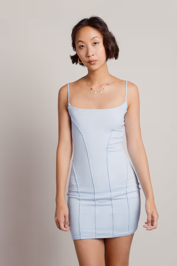 Just A Small Thing Exposed Stitch Bodycon Mini Dress - Light Blue