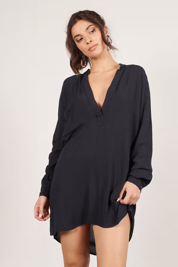 Last Resort Deep V Long Sleeve Mini Dress - Black