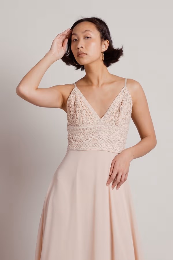 Enchanted Crochet Deep V Maxi Dress - Blush