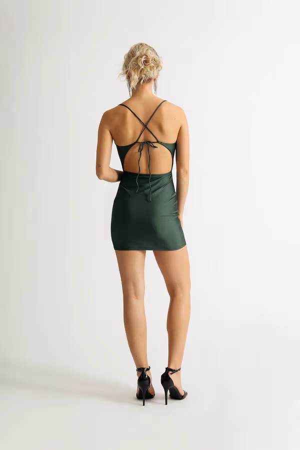 Sharpei Cowl Neck Open Back Mini Dress - Hunter Green