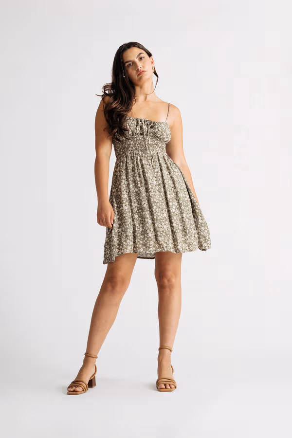 Natasha Floral Babydoll Mini Dress - Olive