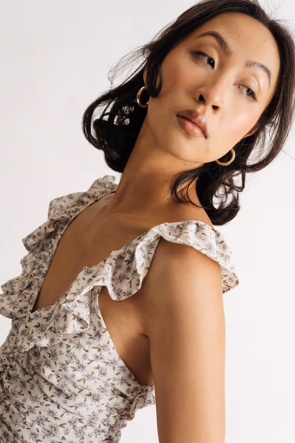 Griffin Ruffle Ruched Mini Dress - Ivory Multi