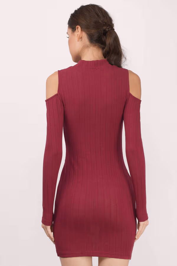 Juliette Ribbed Cold Shoulder Mini Dress - Wine