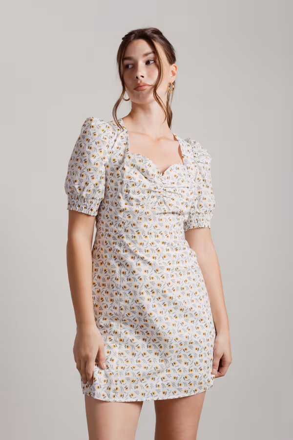 Kylaa Puff Sleeve Skater Mini Dress - White Multi